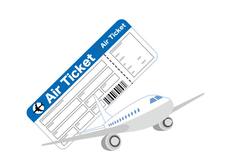 買い付けに行く広州への飛行機とチケットを描いたイラスト。